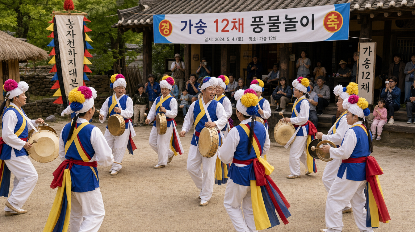 원으로 모여 풍물을 즐기는 모습