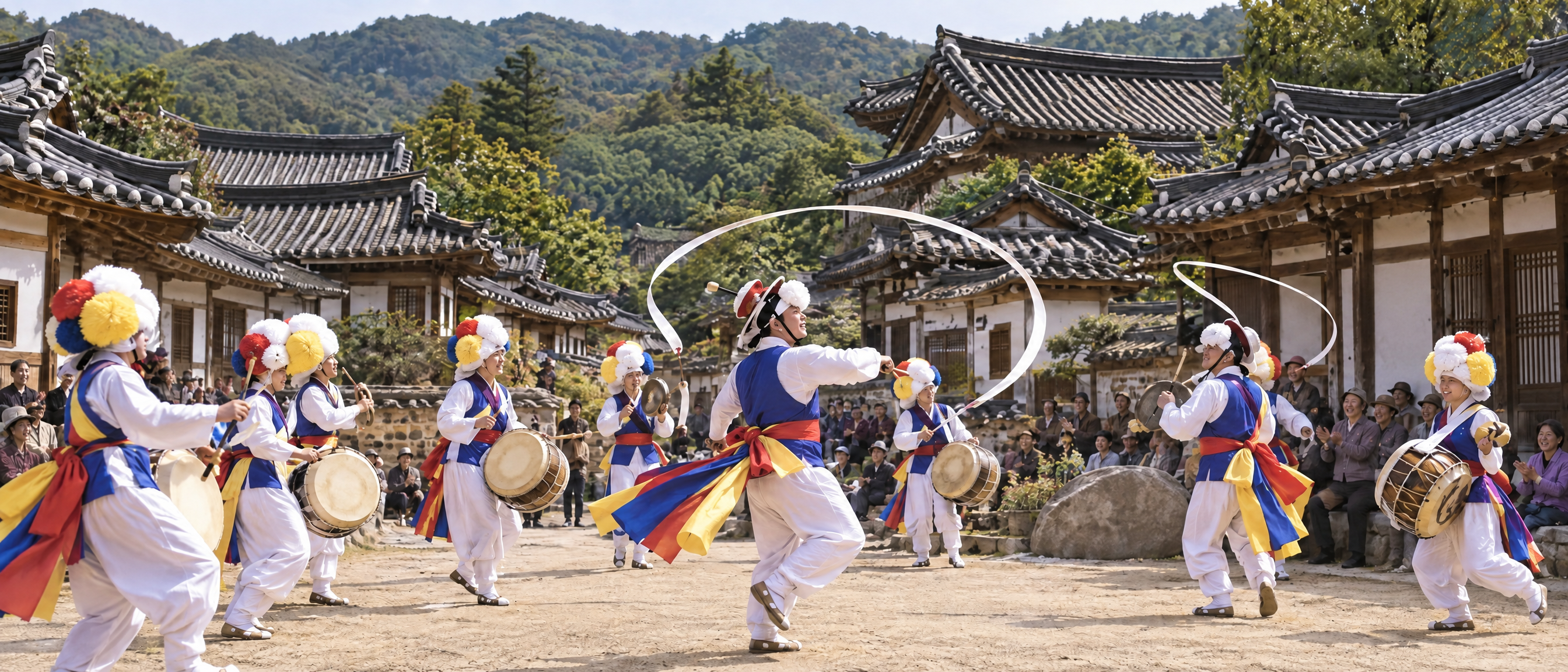 한옥 마을을 배경으로 상모와 장구를 연주하는 풍물패